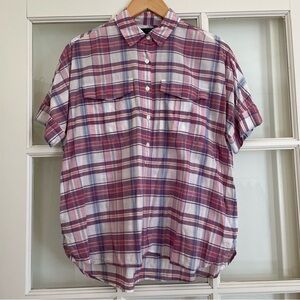 J Crew short sleeve popover purple blue orange plaid button up collared shirt 4